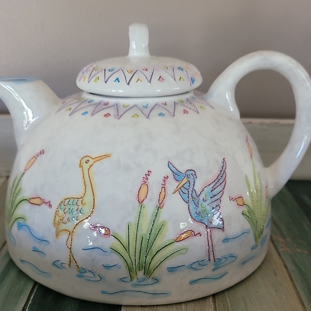 Artistic Ceramic Teapot with Bird Motif - White, Pastels